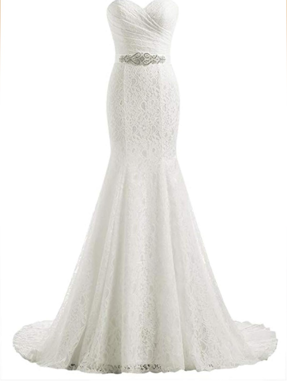 Strapless Lace Mermaid Wedding Gown with Beaded Waist - White